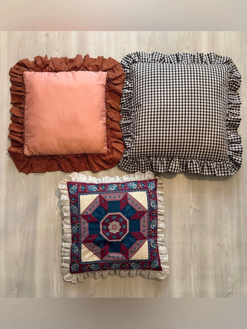 Vintage Retro Quilt Lace Throw Pillows Set 3 MCM